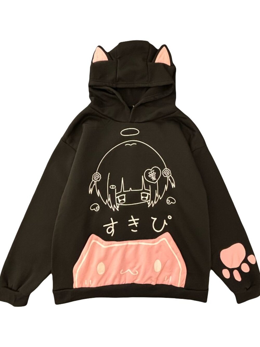 Y2K black cat cute fleece hoodie for women